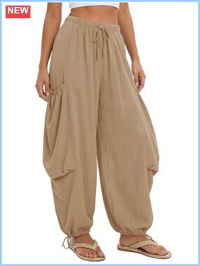 Boho Baggy Palazzo Harem Pants with Pockets Lightweight Linen Feel 2-in-1